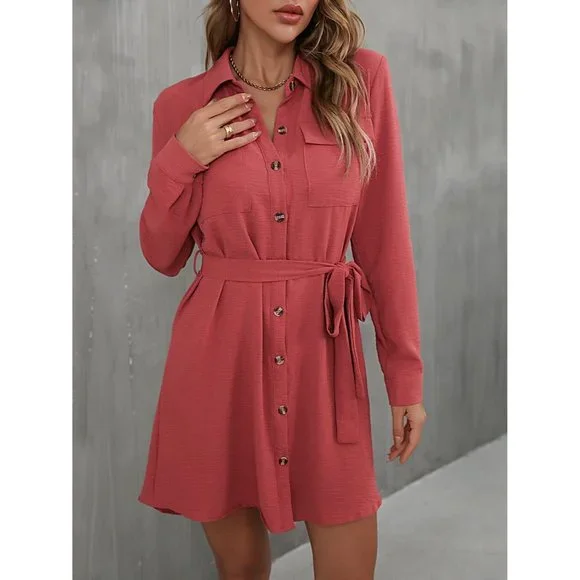 Button Down Belted Long Sleeve Shirt Dress - Picture 1 of 6